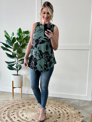 Sleeveless Floral Tunic In Eucalyptus