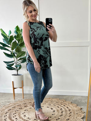 Sleeveless Floral Tunic In Eucalyptus