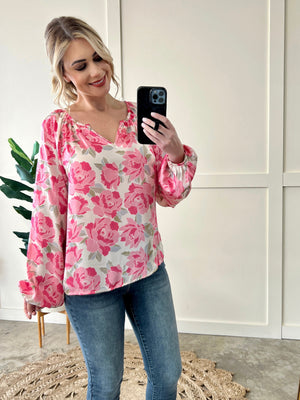 Silky V Neck Blouse In Champagne Pink Florals