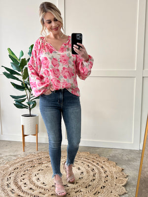 Silky V Neck Blouse In Champagne Pink Florals