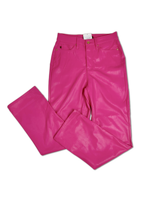 Judy Blue High Waist Tummy Control Faux Leather Straight Leg Judy Blue Pants Barbie Pink