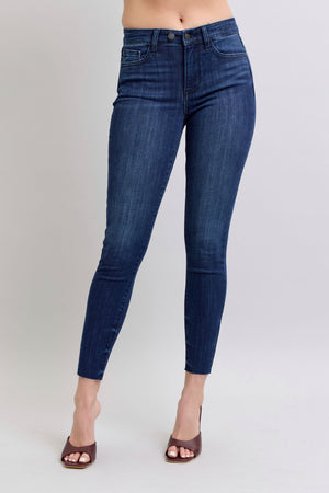 Judy Blue Mid Rise Adjustable Double Button Waist Raw Hem Skinny Jeans