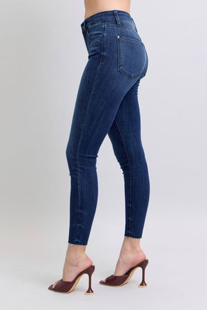 Judy Blue Mid Rise Adjustable Double Button Waist Raw Hem Skinny Jeans