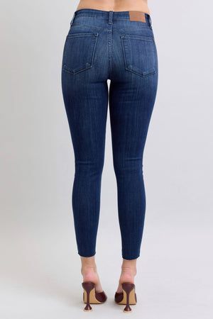 Judy Blue Mid Rise Adjustable Double Button Waist Raw Hem Skinny Jeans