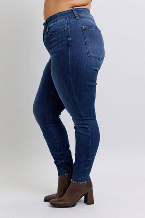 Judy Blue Mid Rise Adjustable Double Button Waist Raw Hem Skinny Jeans