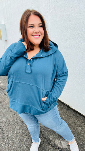 Zenana Cozy Up Teal French Terry Snap Button Hoodie