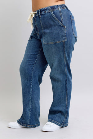 Judy Blue High Waist Elastic with Drawstring Wide Leg Dark Wash Jeans