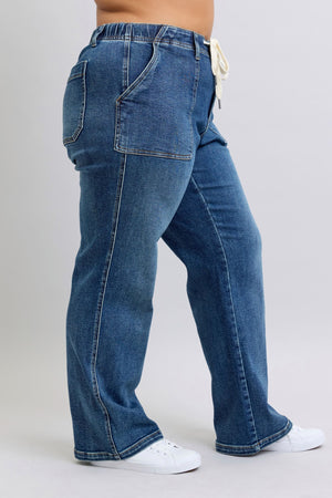 Judy Blue High Waist Elastic with Drawstring Wide Leg Dark Wash Jeans