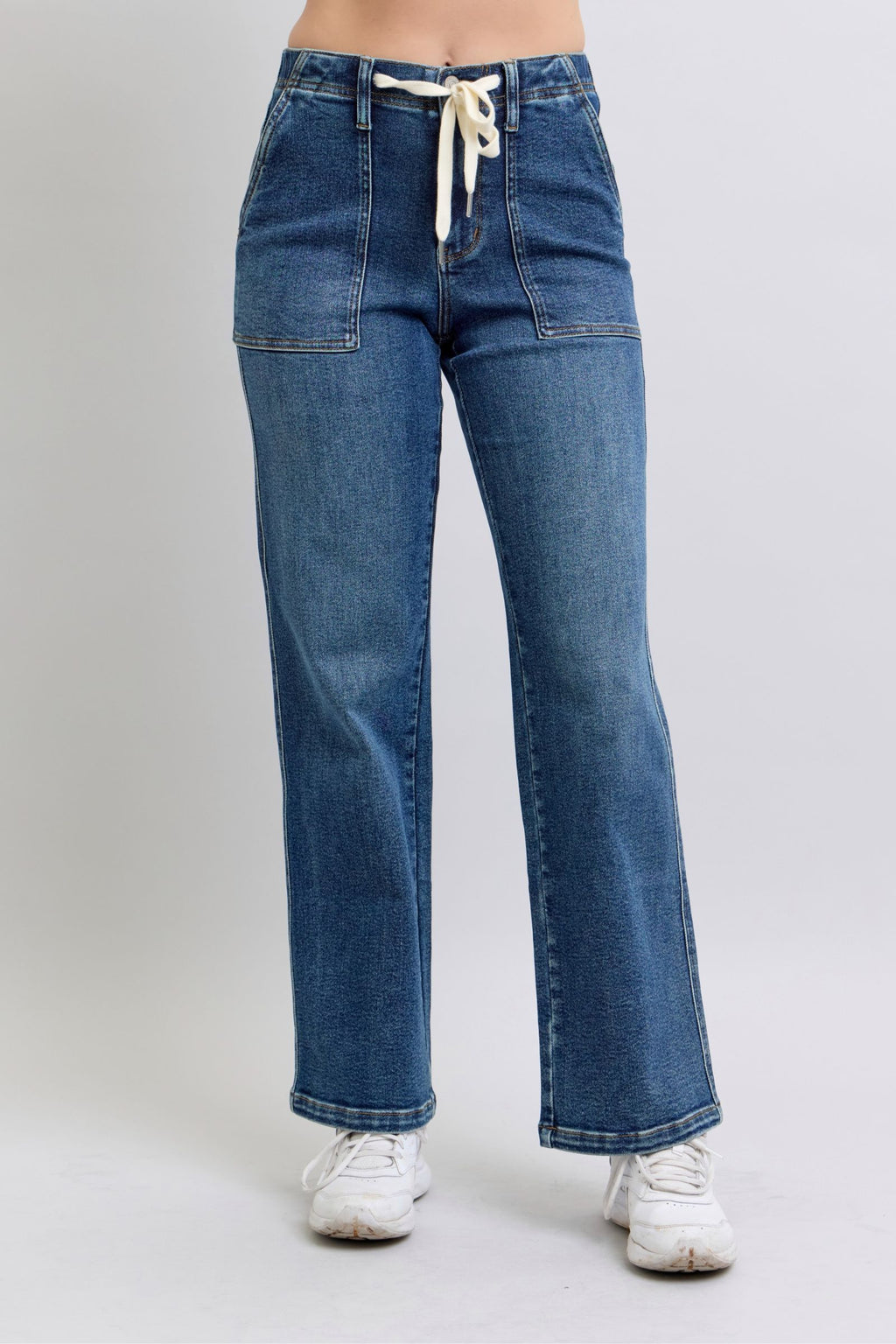 Judy Blue High Waist Elastic with Drawstring Wide Leg Dark Wash Jeans