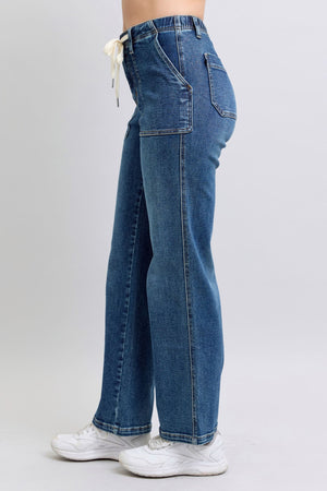 Judy Blue High Waist Elastic with Drawstring Wide Leg Dark Wash Jeans