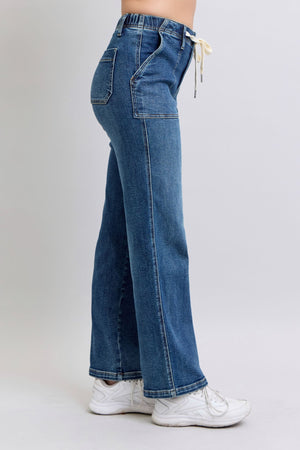 Judy Blue High Waist Elastic with Drawstring Wide Leg Dark Wash Jeans