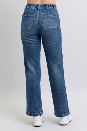 Judy Blue High Waist Elastic with Drawstring Wide Leg Dark Wash Jeans