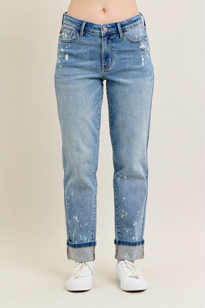Judy Blue Mid Rise Bleach Splattered Cuffed Boyfriend Jeans