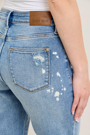 Judy Blue Mid Rise Bleach Splattered Cuffed Boyfriend Jeans