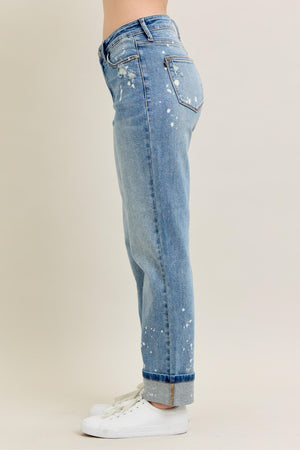 Judy Blue Mid Rise Bleach Splattered Cuffed Boyfriend Jeans