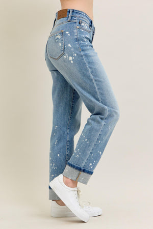 Judy Blue Mid Rise Bleach Splattered Cuffed Boyfriend Jeans