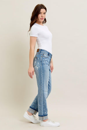 Judy Blue Mid Rise Bleach Splattered Cuffed Boyfriend Jeans