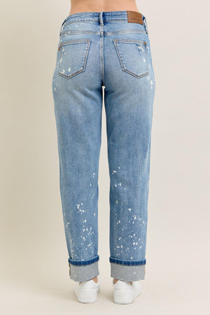 Judy Blue Mid Rise Bleach Splattered Cuffed Boyfriend Jeans