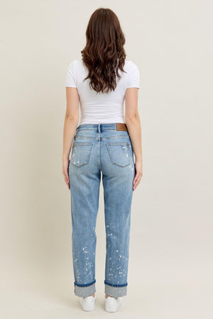 Judy Blue Mid Rise Bleach Splattered Cuffed Boyfriend Jeans