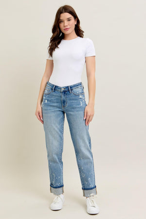 Judy Blue Mid Rise Bleach Splattered Cuffed Boyfriend Jeans