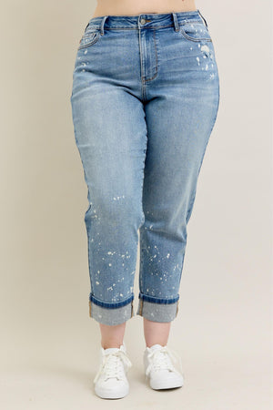 Judy Blue Mid Rise Bleach Splattered Cuffed Boyfriend Jeans
