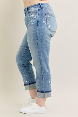 Judy Blue Mid Rise Bleach Splattered Cuffed Boyfriend Jeans