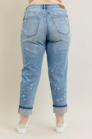 Judy Blue Mid Rise Bleach Splattered Cuffed Boyfriend Jeans