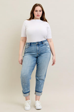 Judy Blue Mid Rise Bleach Splattered Cuffed Boyfriend Jeans