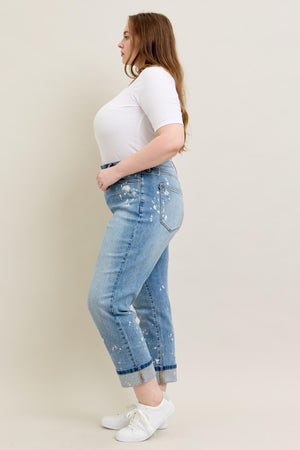 Judy Blue Mid Rise Bleach Splattered Cuffed Boyfriend Jeans