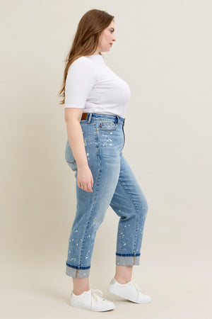 Judy Blue Mid Rise Bleach Splattered Cuffed Boyfriend Jeans