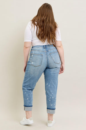 Judy Blue Mid Rise Bleach Splattered Cuffed Boyfriend Jeans