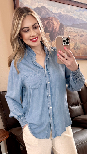 Smocked Sleeve Denim Button Down Top