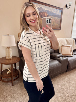 Ivory and Black Striped Ribbon Knit Top