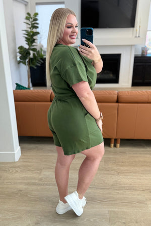 Zenana Short Sleeve V-Neck Romper in Army Green