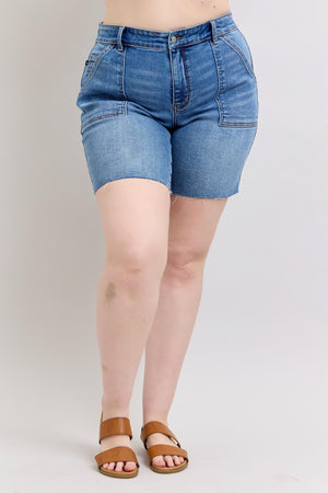Judy Blue Mid Rise Bermuda Cutoff Denim Shorts