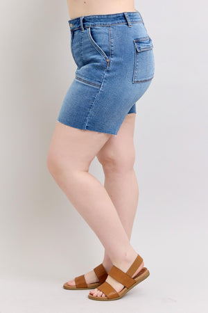 Judy Blue Mid Rise Bermuda Cutoff Denim Shorts