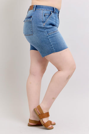 Judy Blue Mid Rise Bermuda Cutoff Denim Shorts