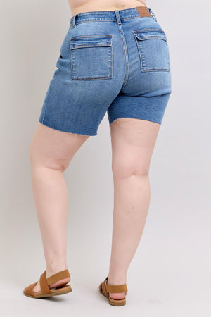 Judy Blue Mid Rise Bermuda Cutoff Denim Shorts