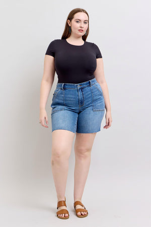 Judy Blue Mid Rise Bermuda Cutoff Denim Shorts