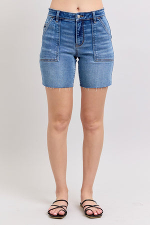 Judy Blue Mid Rise Bermuda Cutoff Denim Shorts