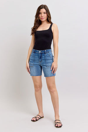 Judy Blue Mid Rise Bermuda Cutoff Denim Shorts