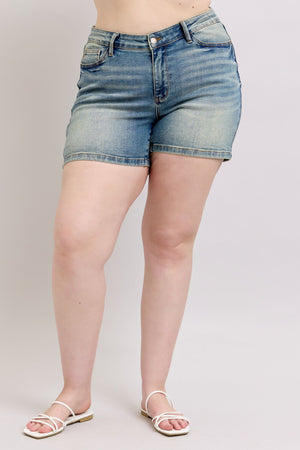 Judy Blue Mid Rise V-Front Vintage Wash Jean Shorts