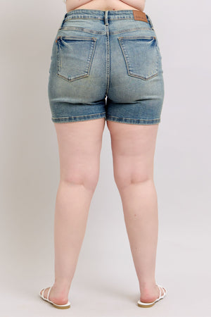 Judy Blue Mid Rise V-Front Vintage Wash Jean Shorts