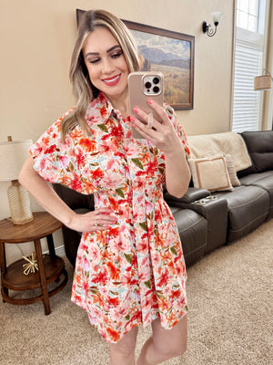 Button Front Pleated Dress in Poppy