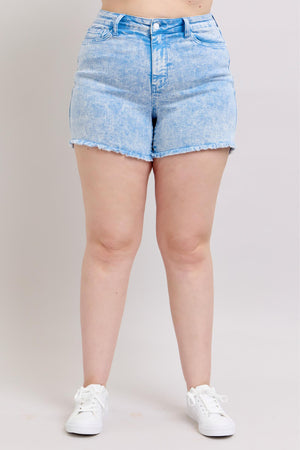 Judy Blue Mid Rise Garment Dyed Denim Shorts in Cyan