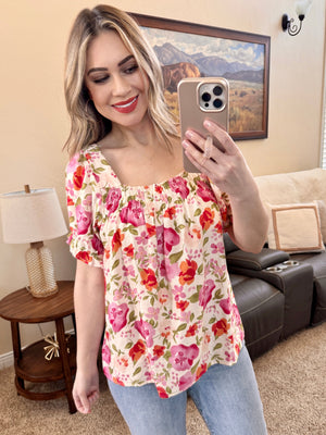 Square Neck Blouse in Fuchsia Floral