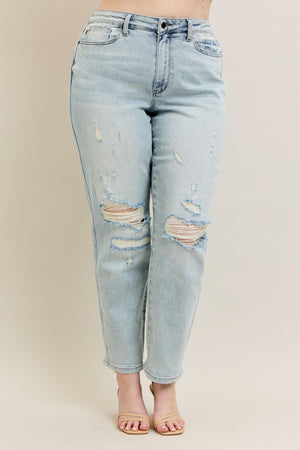 Judy Blue Mid Rise Repair Stitch Detail Destroy Single Cuff Boyfriend Jeans