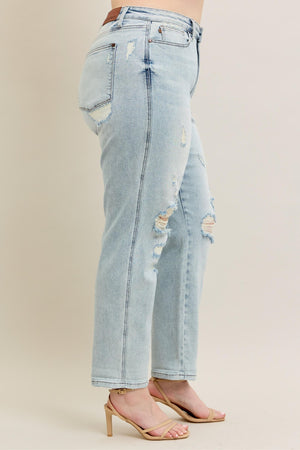 Judy Blue Mid Rise Repair Stitch Detail Destroy Single Cuff Boyfriend Jeans
