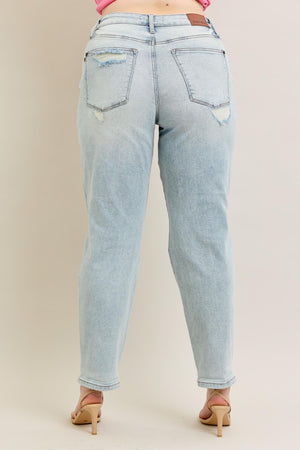 Judy Blue Mid Rise Repair Stitch Detail Destroy Single Cuff Boyfriend Jeans