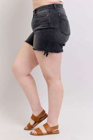 Judy Blue Mid Rise Long Cut Off 2 Button Dad Denim Shorts